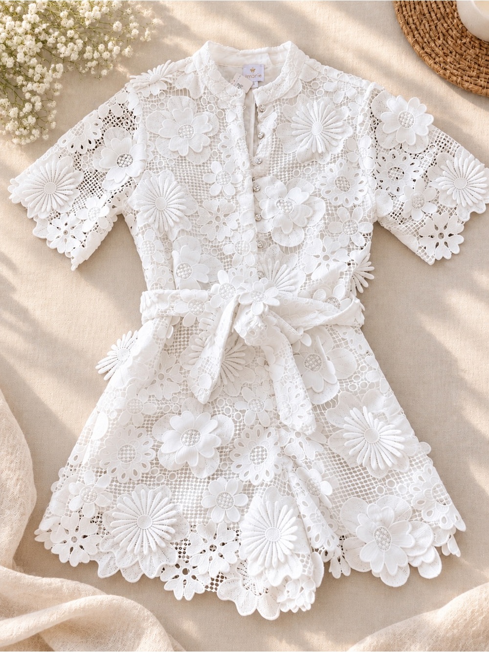 NWT J. Marie Scottie Women's white 3D Floral Lace Romper Small S